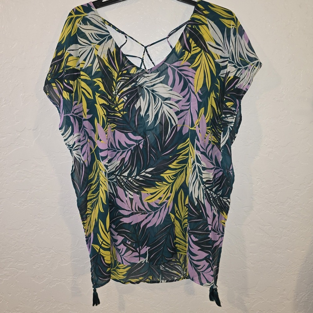 Palisades Beach Club Floral Beach Swim Coverup Tunic Poncho Sheer Polyester M/L